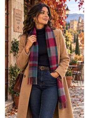 John Hanly NWT 100% Lambswool Scarf Ireland Plaid Tartan Wool 78” Jewel Tone